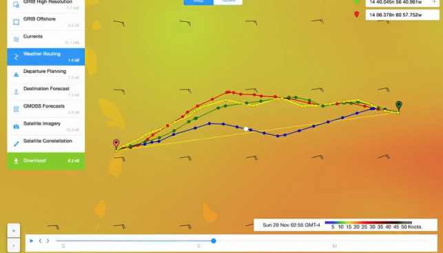 Скриншот страницы с прогнозируемыми (в зависимости от выбранной погодной модели) маршрутами