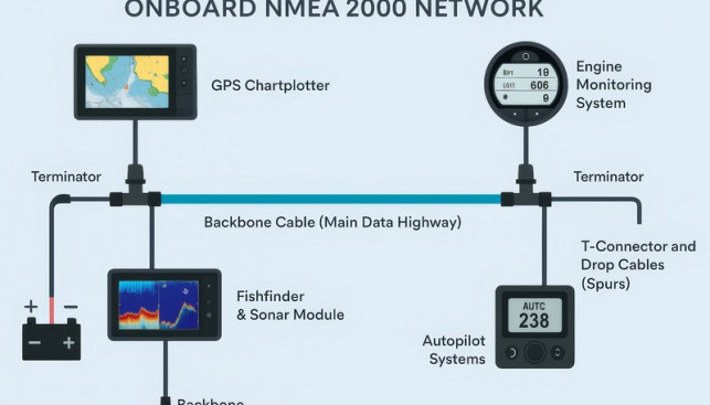 Иллюстрация топологии сети NMEA 2000 backbone (отдельный «мир датчиков»)